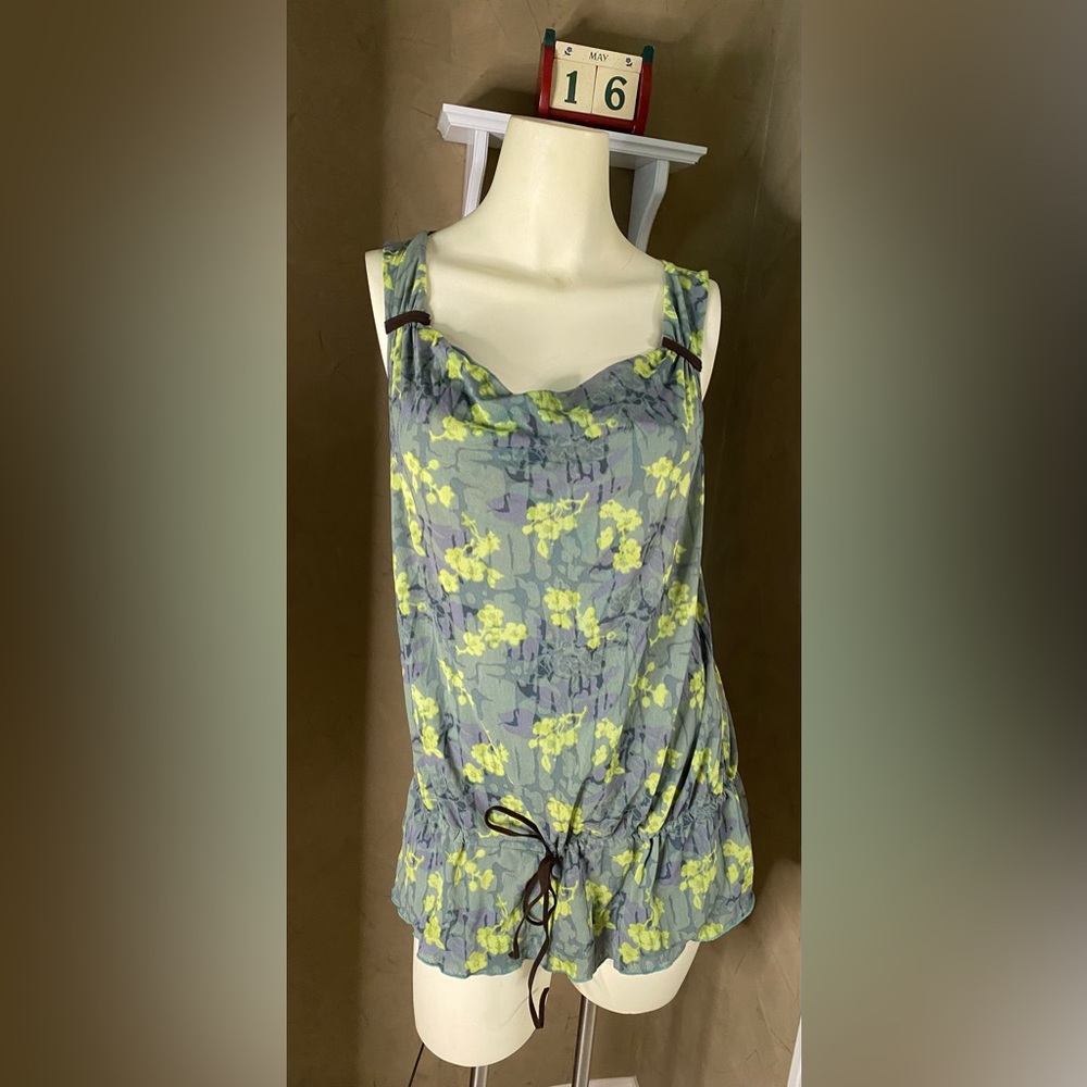 DKNY Jeans Women’s L Tunic Tank Top Green Floral Y2K Sleeveless Blouse
